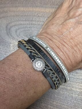 Layered Black and Silver Braided Leather Bracelet Set